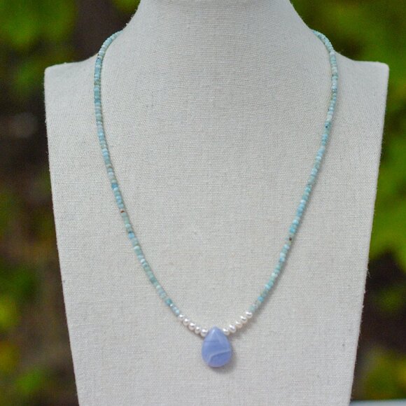 Larimar & Freshwater Pearl Necklace with Blue Lace Agate Pendant – 18.25” - Picture 4 of 5